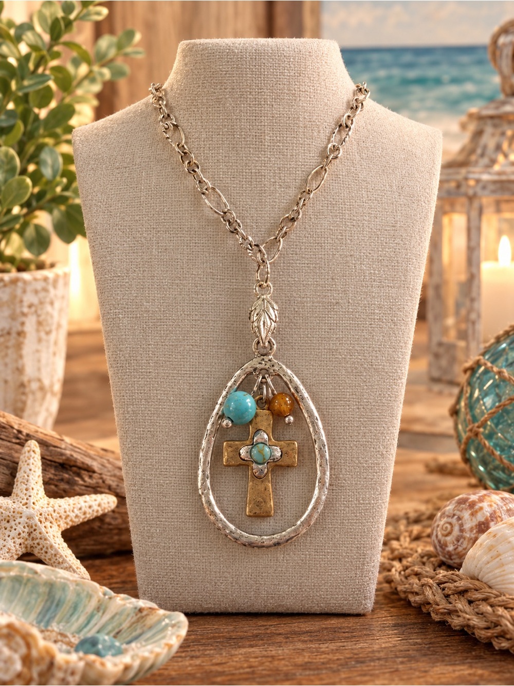 Source Unknown Turquoise & Amber Cross Teardrop Pendant Necklace